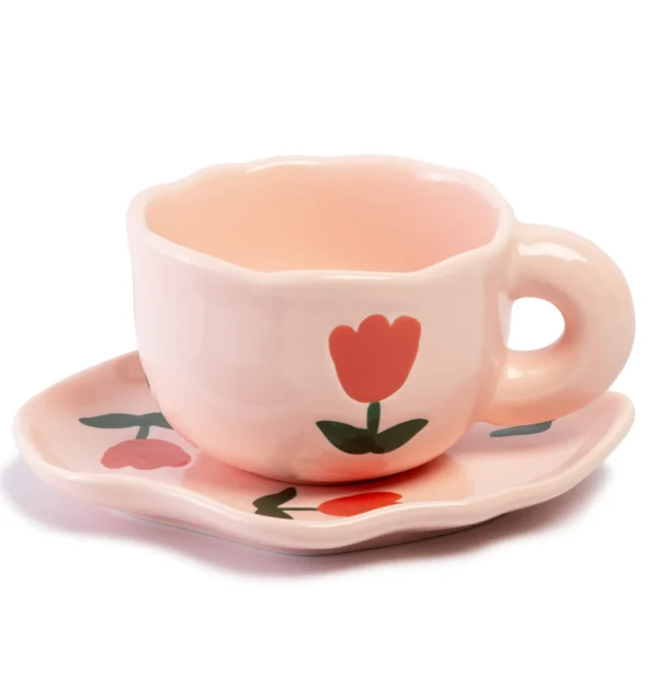 Pink Tulip Flower Teacup and Saucer