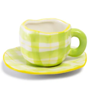 Green Checkered Teacup and Saucer