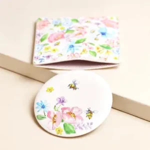 Pink Floral Round Compact Mirror in Pouch